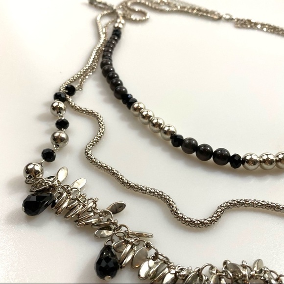 Fashion Necklace Long Three Strands Black Acrylic And Silver Tone Beads 36”+ 3” - Picture 5 of 14